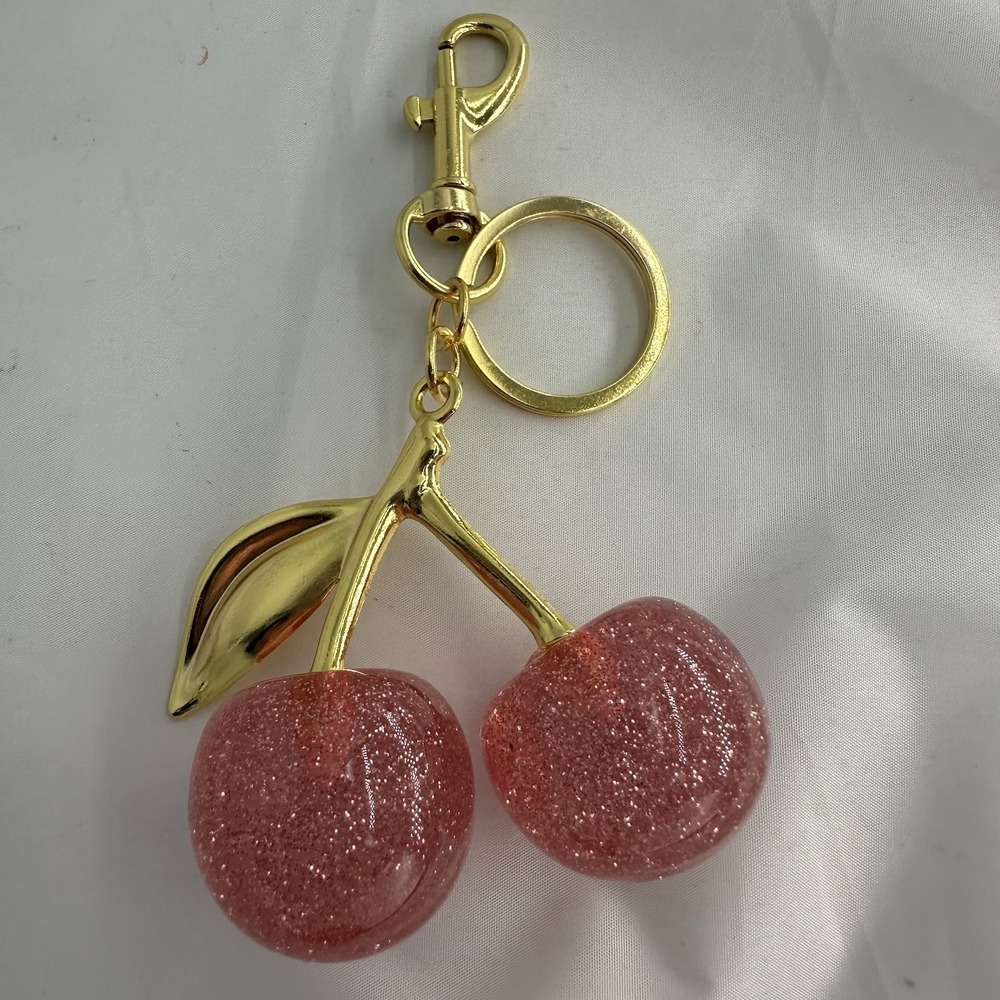 Pink Glitter Cherry Keychain Silver Tone Bag Charm Pendant - Luxury Bag Charm